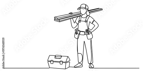 Continuous line drawing of a female construction worker carrying wooden planks on her shoulder Vector, illustration