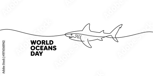 Minimalist continuous line drawing of a shark swimming in the ocean for world oceans day event Vector, illustration