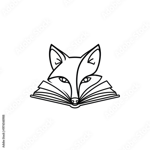 Clever Fox Head Emerging from Open Book Symbol.