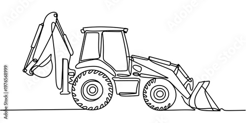 A single continuous line drawing of a heavy industrial backhoe loader construction vehicle icon Vector, illustration