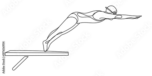 A simple black and white line drawing of a swimmer diving gracefully from a starting block platform Vector, illustration