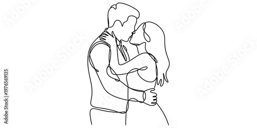 A single line drawing illustration of a romantic couple sharing an intimate kiss in silhouette Vector, illustration
