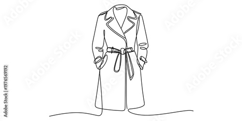 A minimalist single line drawing of a classic trench coat with a belt tied at the waist area. Vector, illustration