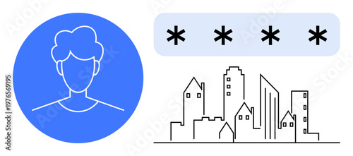 Online security, privacy protection, user anonymity, urban data, digital identity, encryption concepts. Profile avatar and asterisks over city buildings. Online security and privacy protection