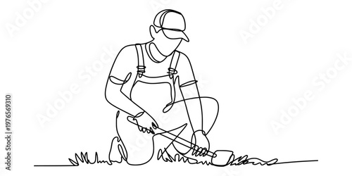 A single continuous line drawing of a farmer kneeling and digging the soil with a garden shovel Vector, illustration