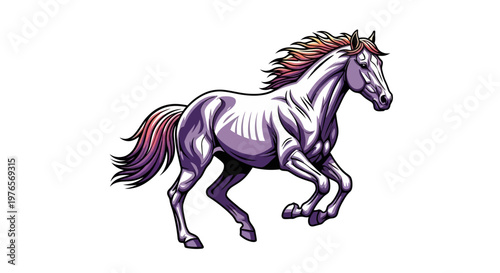 A vibrant, stylized illustration of a galloping horse with a purple body and reddish-brown mane and tail, depicted in dynamic motion against a clean white background.