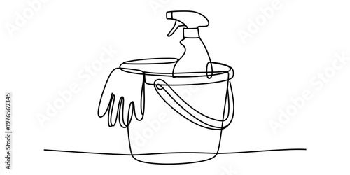 A single continuous line drawing representing a bucket with a spray bottle and a rubber glove. Vector, illustration