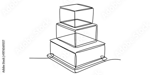 A continuous single line drawing of a three tiered square wedding cake on a plain white background Vector, illustration