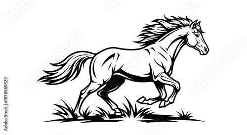 Dynamic black and white illustration of a galloping horse with flowing mane and tail, running through grass.