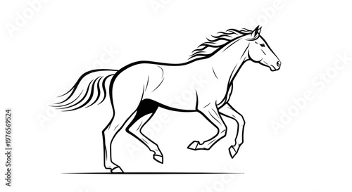 Dynamic black and white line art illustration of a galloping horse with flowing mane and tail, depicted in profile.