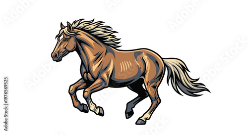 Dynamic illustration of a powerful brown horse with a flowing mane and tail, captured mid-gallop on a white background.