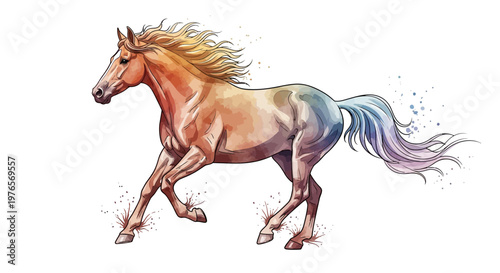 Vibrant watercolor painting of a galloping horse with a rainbow-colored mane, tail, and body, showcasing dynamic movement and artistic splashes.