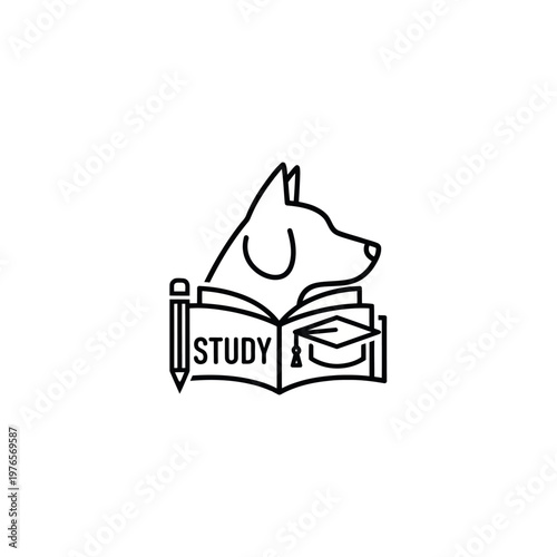 Dog Head Over Open Book With Graduation Cap and Pencil.