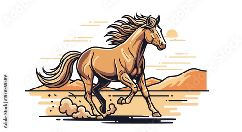 A majestic brown horse with a flowing mane gallops across a sandy desert landscape under a clear sky, kicking up dust.