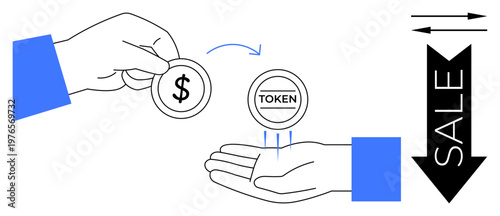 Blockchain transactions, cryptocurrency trade, digital payment, token economy, financial exchange, e-commerce. Hand exchanging currency for a token with directional arrows. Blockchain transactions