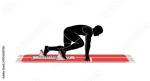Athlete at starting blocks, ready for sprint race, black silhouette on white background