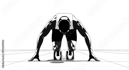Athlete at starting blocks, ready to sprint, black and white illustration