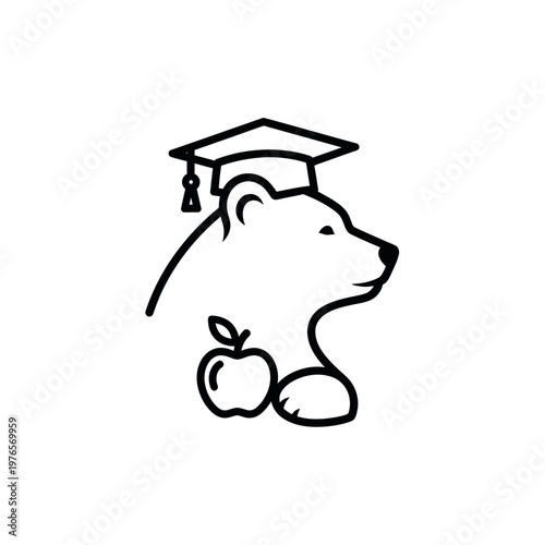 Bear wearing graduation cap with apple illustration.