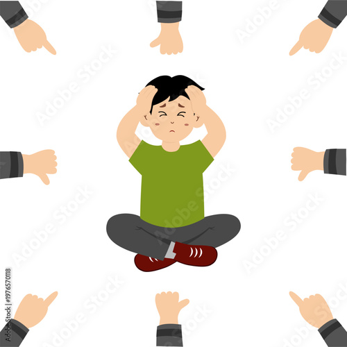 Cute little kid suffering from schizophrenia, paranoid, vector illustration.