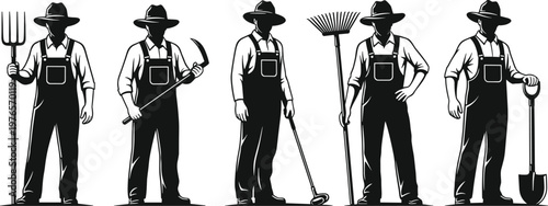 Farmer silhouette illustration, agriculture worker vector artwork, farming tool design symbol, rural labor graphic artwork, traditional cultivation icon set
