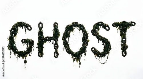 The word GHOST spelled out in dark, dripping, rusty chains against a stark white background, evoking a spooky and eerie atmosphere.