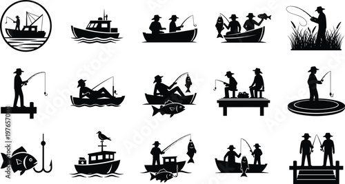 Fishing silhouette illustration, fisherman vector artwork, boat dock shore design, angler graphic symbol, fishing rod artwork, outdoor leisure illustration