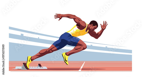 Athlete sprinting from starting blocks at a track stadium, dynamic action illustration