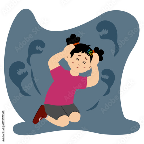 Cute little kid suffering from schizophrenia, paranoid, vector illustration.