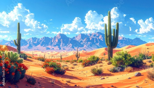 A vibrant desert landscape showcases towering cacti, rolling sand dunes, and majestic mountains under a brilliant blue sky filled with fluffy white clouds.