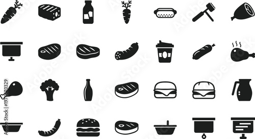 Food silhouette illustration, kitchen utensil vector artwork, cooking symbol design, meal preparation graphic, restaurant menu artwork, culinary icon set