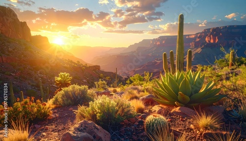 A breathtaking sunset illuminates the rugged landscape of the Grand Canyon, showcasing its natural beauty.