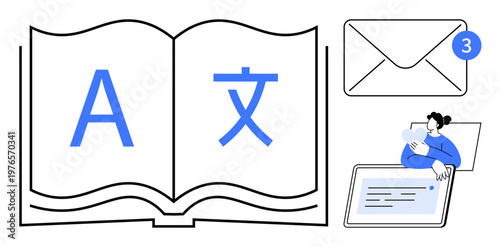 Language translation concept. Language symbols in a book emphasizing translation and communication. Language connecting global communication through emails, tablets, and more. For education
