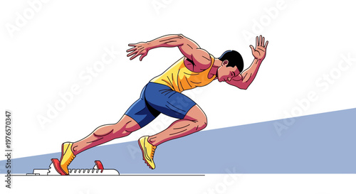 Male sprinter starting race from blocks, dynamic action pose, athletic competition