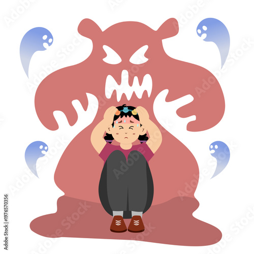 Cute little kid suffering from schizophrenia, paranoid, vector illustration.