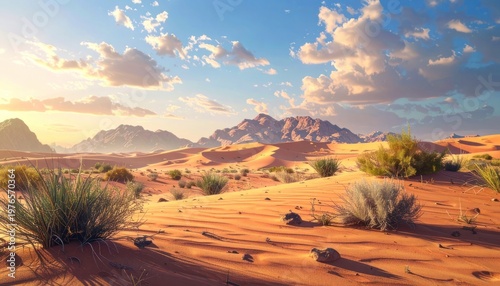 A breathtaking panoramic view of a vast desert landscape at sunset, showcasing rolling sand dunes, rugged mountains, and a vibrant sky filled with fluffy clouds.