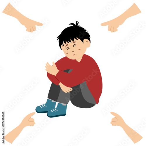 Cute little kid suffering from schizophrenia, paranoid, vector illustration.