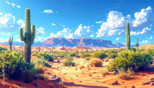 A vibrant desert landscape showcases towering cacti and a majestic mountain range under a brilliant blue sky.