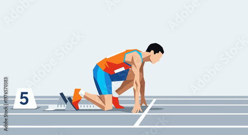Runner at starting blocks, low angle, ready to sprint on track