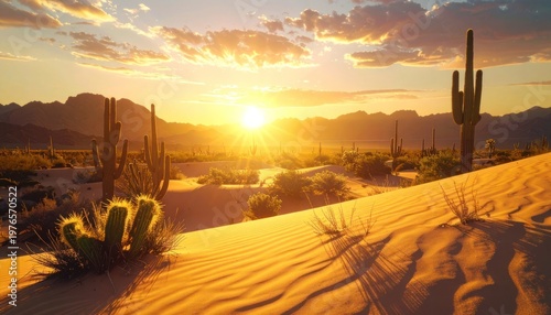 Golden hour illuminates the desert expanse.