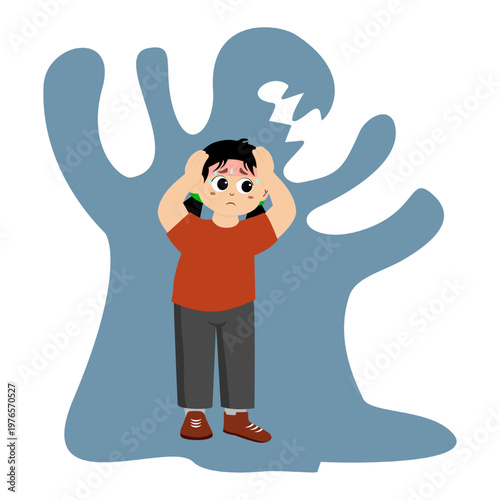 Cute little kid suffering from schizophrenia, paranoid, vector illustration.