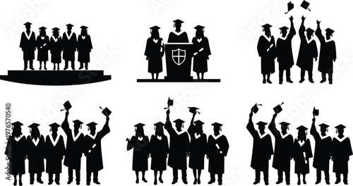 Graduation silhouette illustration, graduate vector artwork, academic ceremony design, cap and gown symbol, diploma celebration graphic, education success artwork