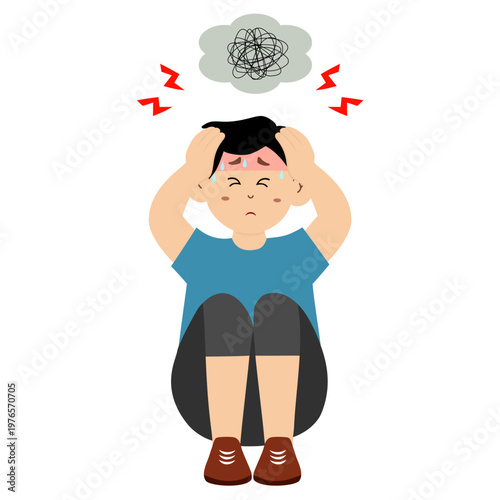 Cute little kid suffering from schizophrenia, paranoid, vector illustration.