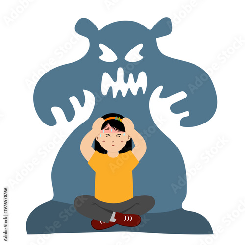 Cute little kid suffering from schizophrenia, paranoid, vector illustration.