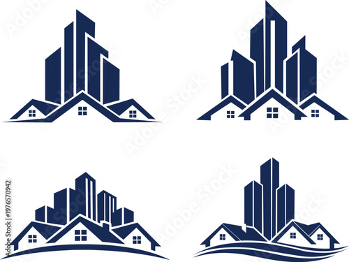 A clean and professional collection of modern real estate logos featuring stylized city skylines combined with residential house elements. Designed in a solid blue color, these logos represent trust, 
