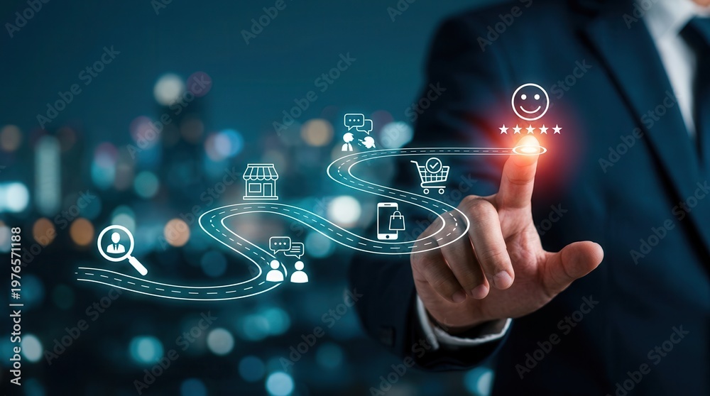 Obraz premium Enhancing customer satisfaction through a comprehensive digital experience, guiding the user along a data-driven customer journey.