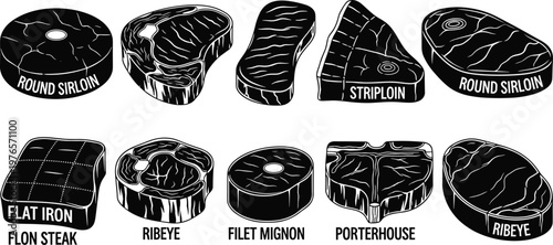 Steak cut illustration, beef meat vector artwork, butcher diagram design symbol, culinary food graphic artwork, steakhouse icon set