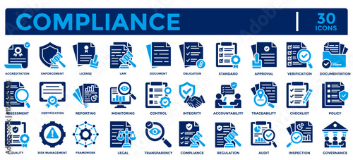 Compliance icon collection. Contains icons for audit, document, law, legal, policy, quality, regulation, standard and license.
