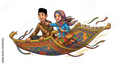Indonesian Couple in Batik and Hijab Riding a Magic Flying Carpet