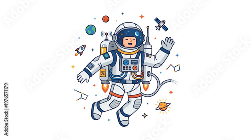 Happy Child Astronaut Floating in Outer Space with Planets and Stars