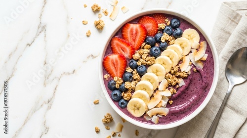 Fresh acai smoothie bowl flat lay with mixed berries granola and superfood toppings